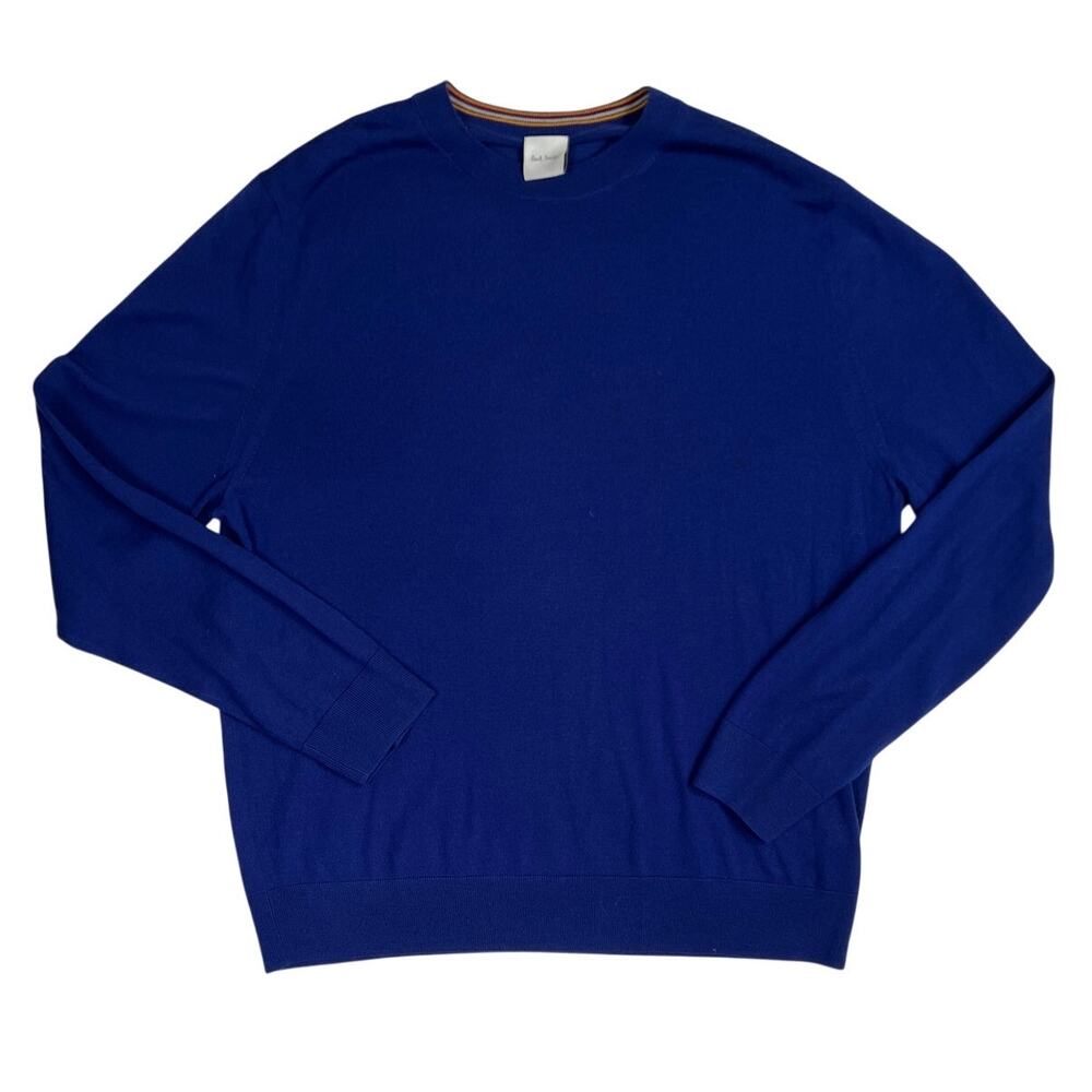 Paul Smith 100% Merino Wool Sweater Mens XL Blue Preppy Logo Minimalist Luxury